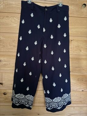 Zara Boho Casual Navy Linen Wide leg Cropped pants Aztec  Embroidery